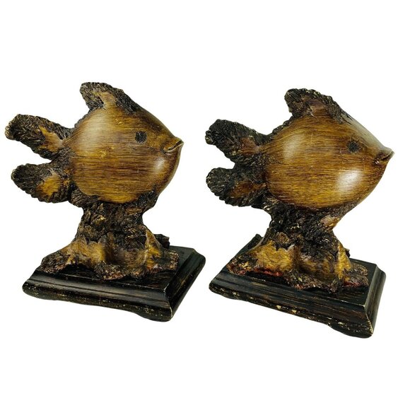 Lot 2 Large Fish Bookends Figurines Woodgrain Heavy Folk Art Sea Decor u - Picture 1 of 7